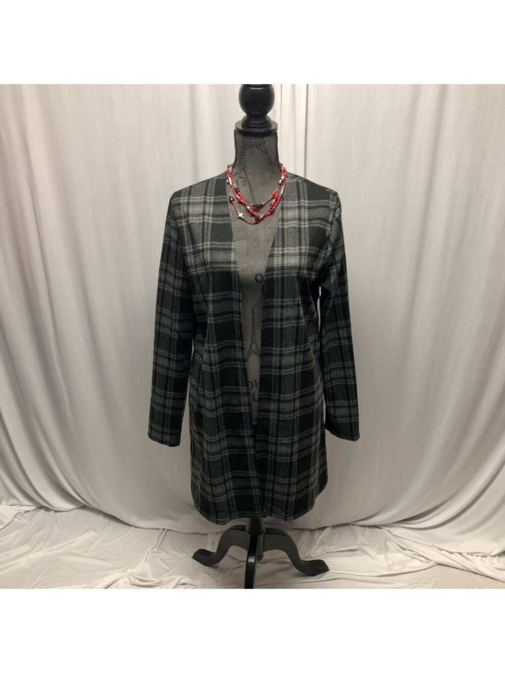 Plaid Open Front Long Sleeve Cardigan Womens Size Large Black Gray Layering NEW